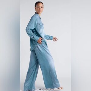 Kate Young x Splendid Silk Wide Leg Denim-Print Pant